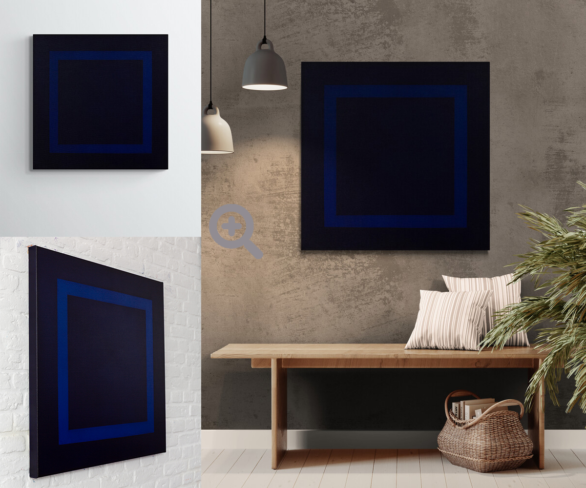 Minimalist abstract painting KH#244 (2023) featuring a deep blue rectangular form on a dark background